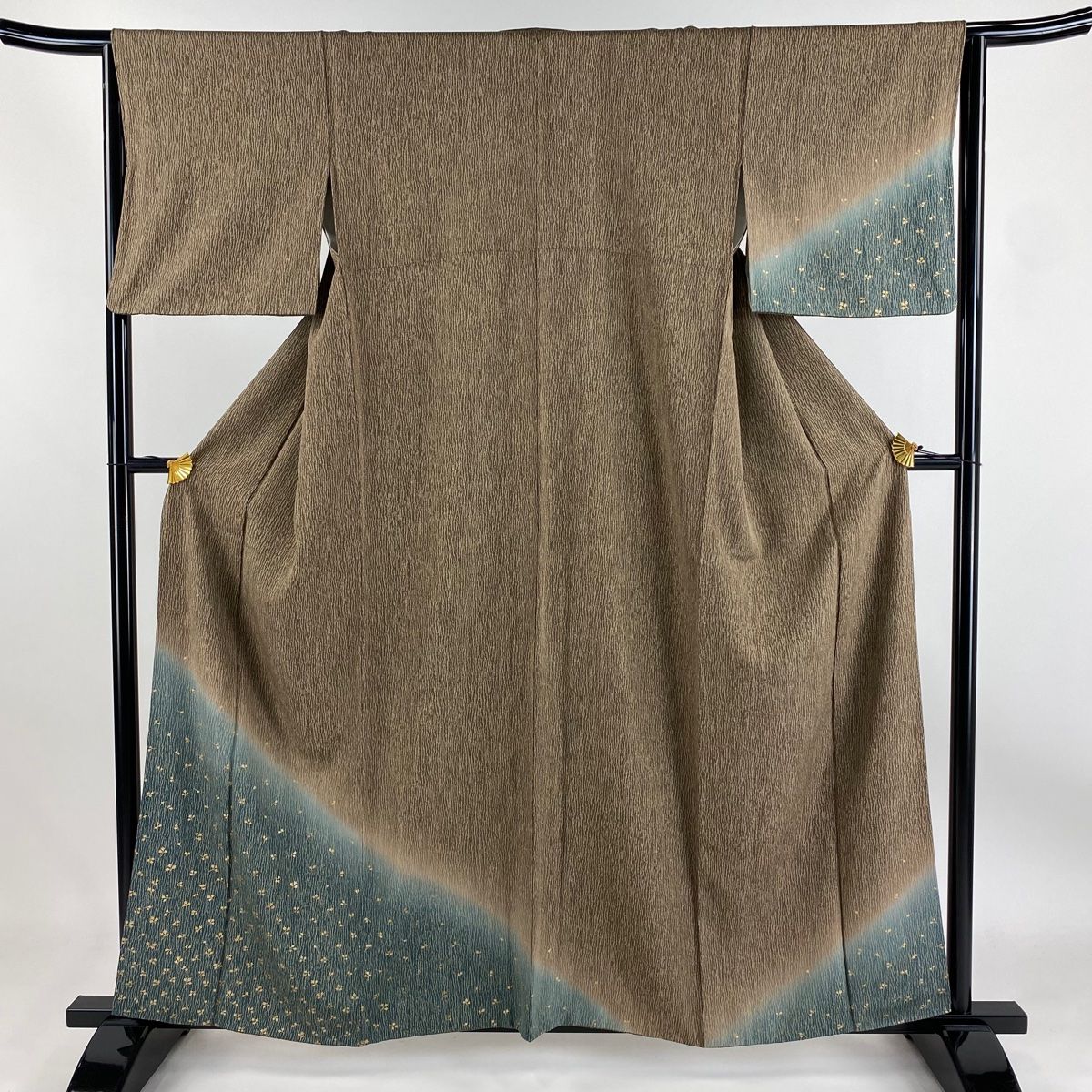 付下げ 身丈159cm 裄丈65cm M 袷 葉 よろけ縞 金彩 ぼかし 茶色