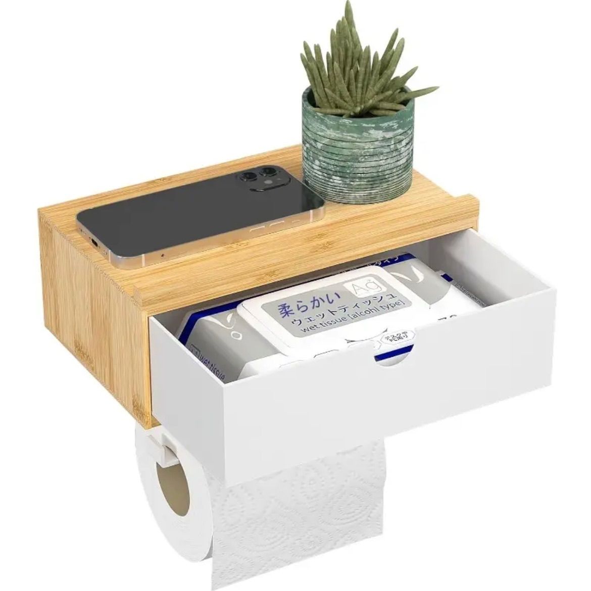 トイレットペーパーホルダー 竹製 棚付き 壁掛け型 スマホ置き 小物収納 ティッシュラック タオルハンガー 収納ボックス一体設計 洗面所空間最適設計 コンパクト省スペース モダンデザイン 便利収納ラック シンプルデザイン お洒落 トイレ 竹色