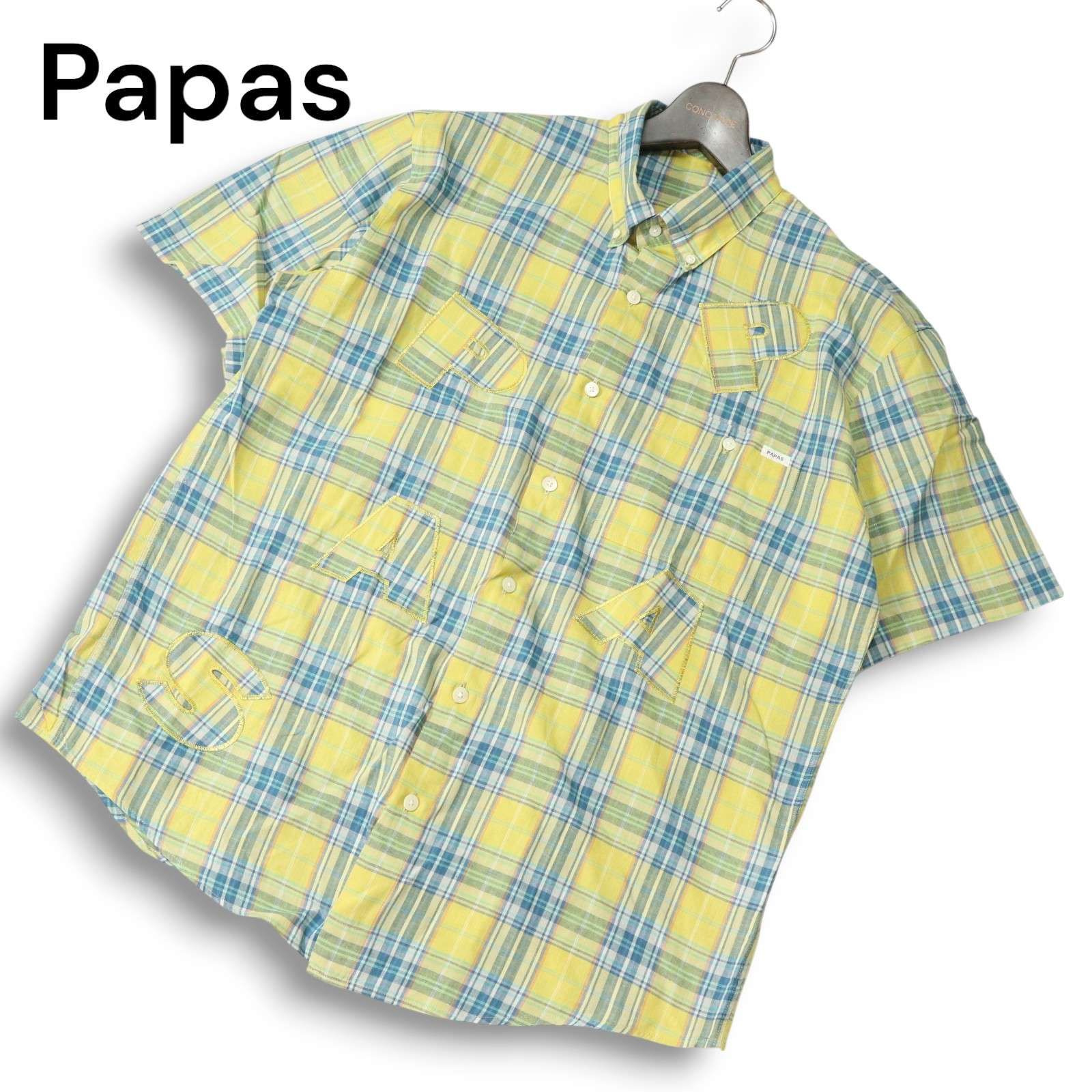 美品】Papas パパス 春夏 ロゴ ワッペン☆ リネン混 半袖 ボタン