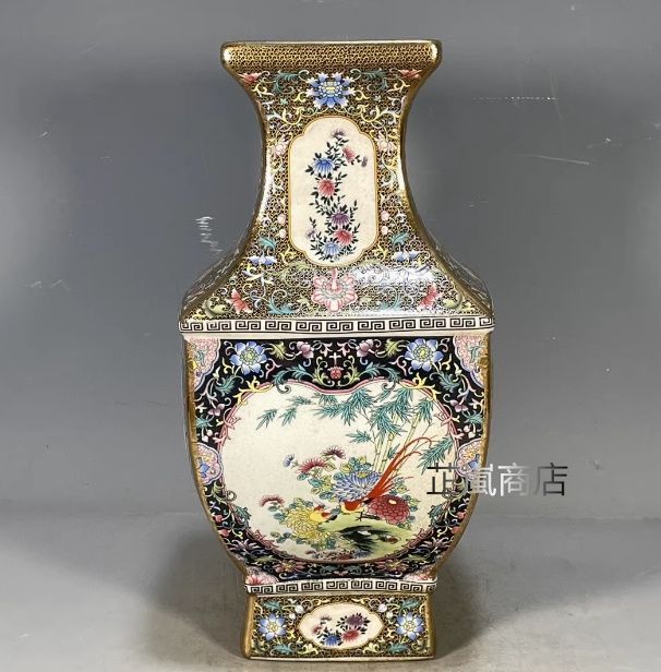清乾隆琺瑯彩花鳥図紋四方賞瓶 景徳鎮 陶磁器 装飾品 工芸品