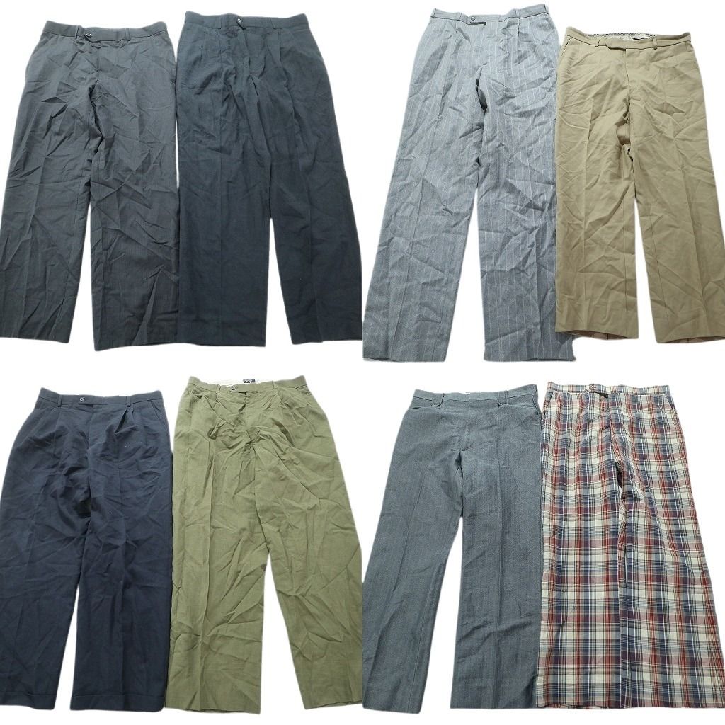 古着卸 まとめ売り スラックス パンツ 8枚セット (メンズ 36 /35 ) グレー 2タック チェック ワイド フレア ストライプ ベージュ MW0685