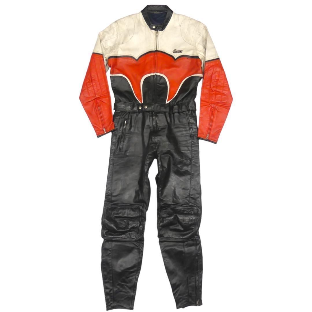 バイクウェア ツナギ 上下セット 牛革 レッド×ホワイト×ブラック Lサイズ バイク レーシングスーツ、ツナギ（色：レッド系）｜バイク