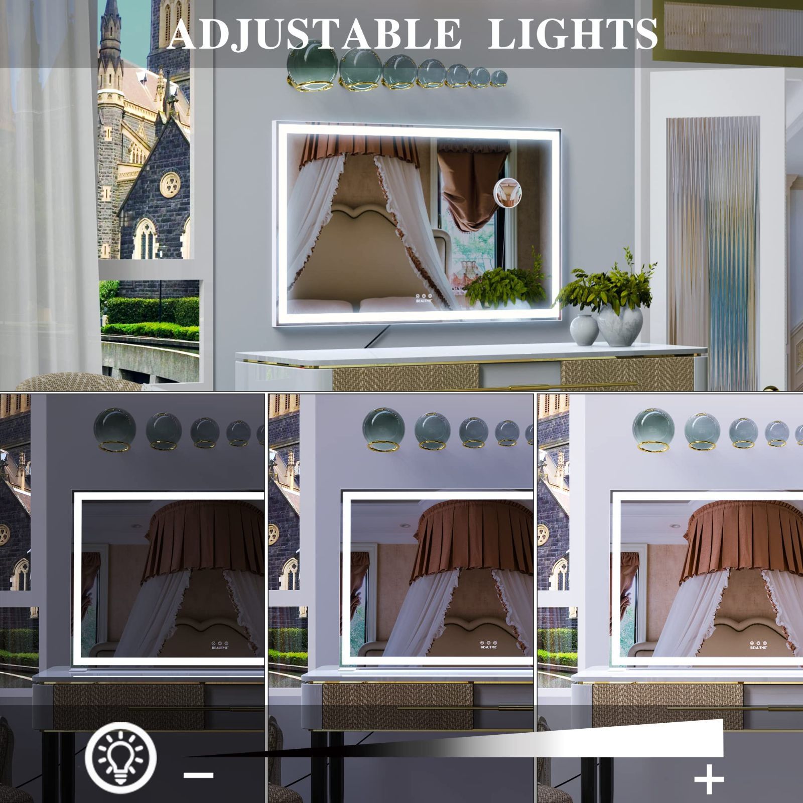 数量 3色照明モード 明るさ調節 付き 大型化粧鏡 10倍拡大鏡付き ハリウッドミラー 卓上 壁掛け両用 ホワイト 化粧鏡 女優ミラー 101.6 61.8cm BEAUTME