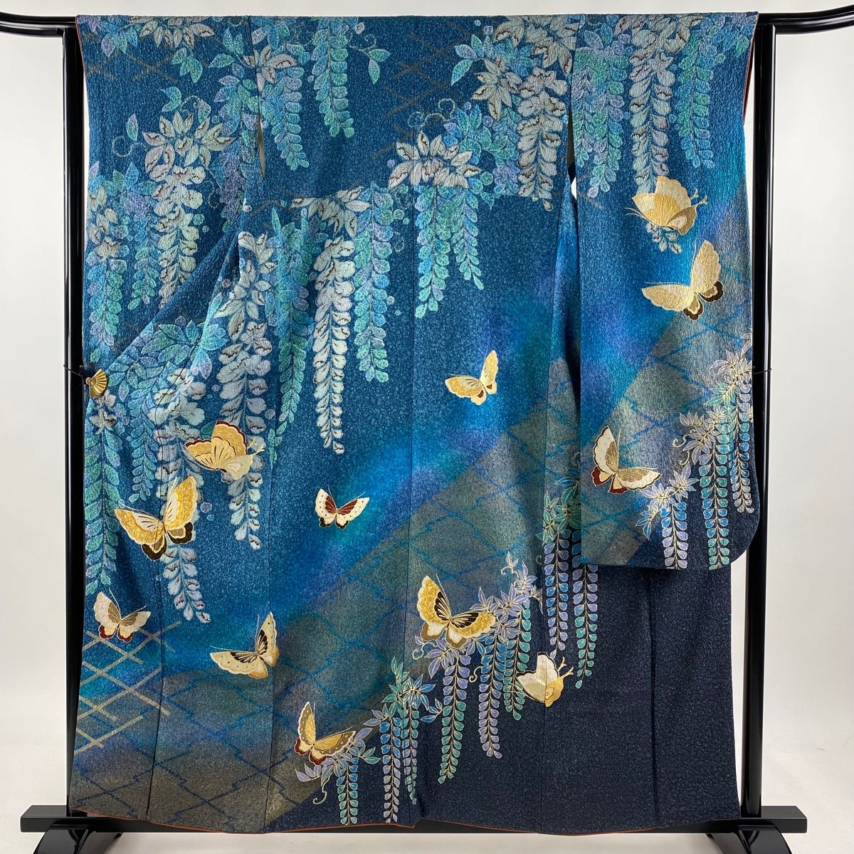 振袖 身丈159cm 裄丈62cm S 袷 蝶 藤 金通し 金彩 青緑 正絹