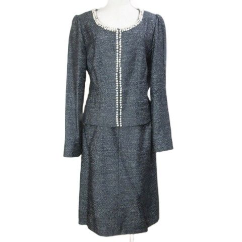 オースチン リード Austin Reed スーツ セットアップ フォーマル ビジュー ノーカラー ジャケット スカート ひざ丈 台形 イタリア製生地 ネップ 40 L相当 紺 ネイビー X