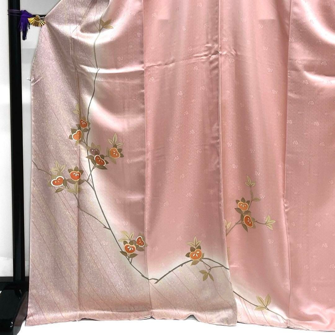 訪問着 金彩 橘 斜め縞 花紗綾形地紋 たたき染 紋無 着物 071a d