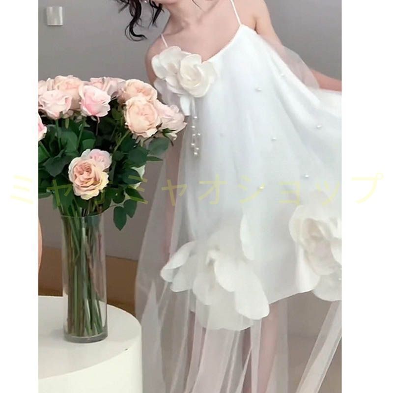 ウエディングドレス aライン ミニ丈 透け感 白 袖なし キャミソールドレス 花 コサージュ 花嫁 結婚式 二次会 パーティードレス ブライダル ふんわり レイヤー イブニングドレス前撮り後撮り 披露宴 1309