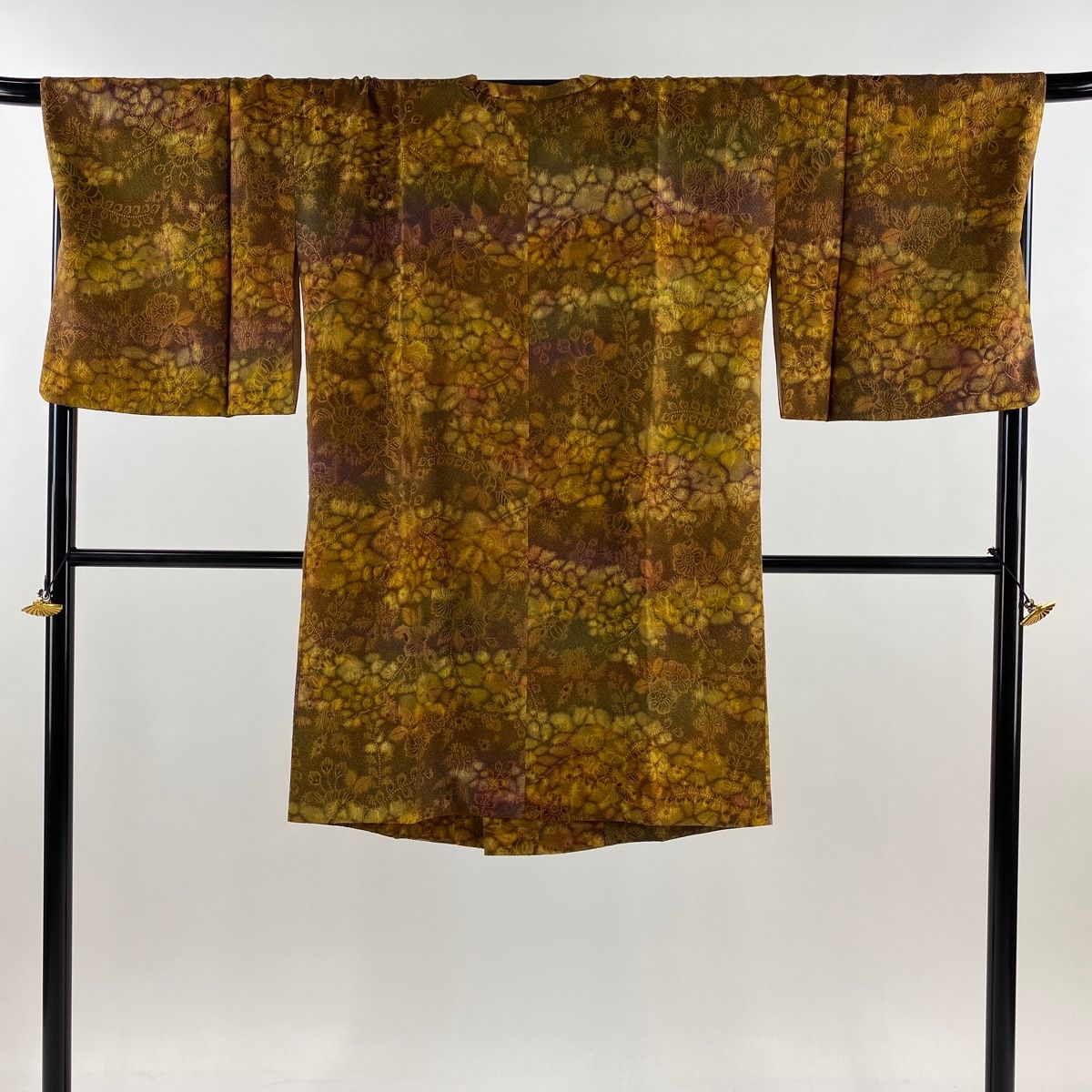 道行 身丈102cm 裄丈71.5cm L 和装コート 角衿 辻が花柄 ぼかし 山吹茶色 正絹