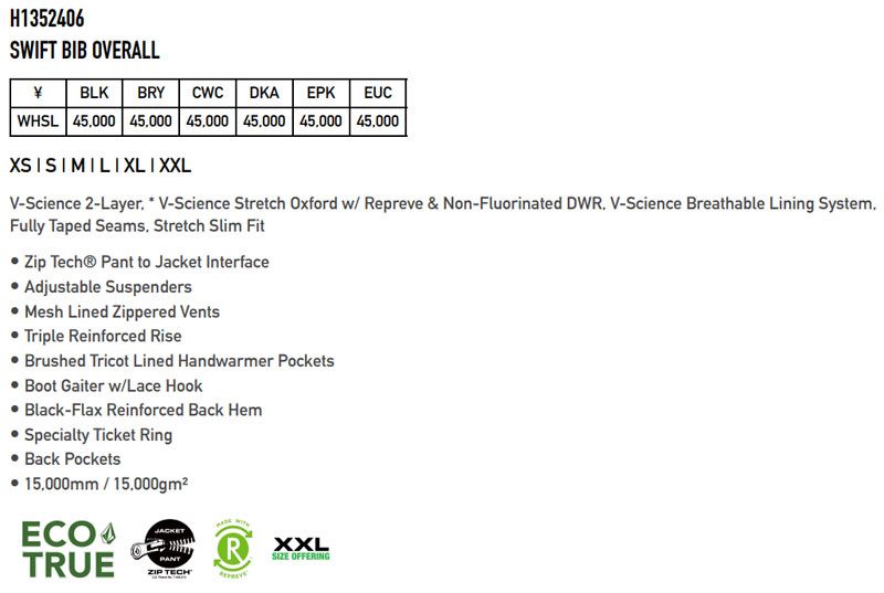 23-24 VOLCOM/ボルコム SWIFT BIB overall レディース 防水ビブパンツ スノーボードウェア スノーウェアー 2024 型落ち