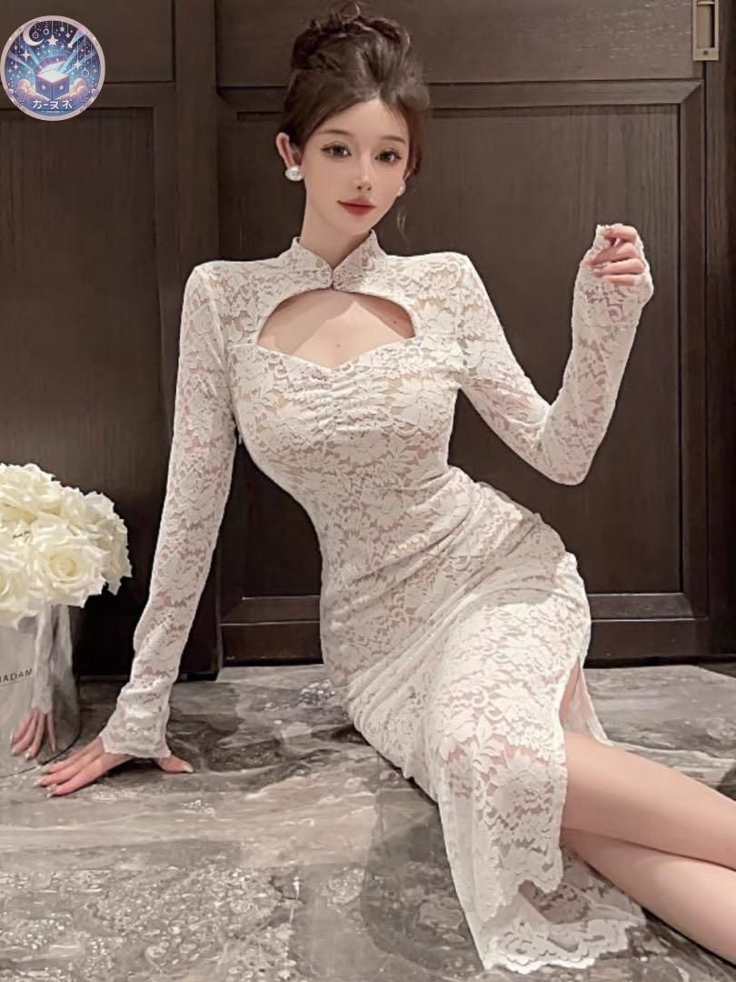 美しい総レースのロングワンピース　結婚式 パーティー セクシー 胸元カットライン 新品未使用 美しい総レースのロングワンピース 結婚式