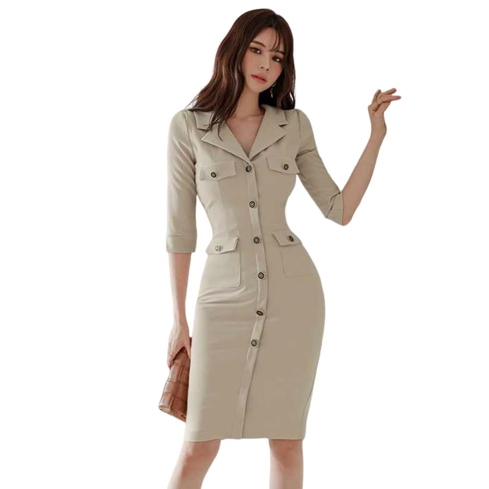 GRAXIA グラシア キャバドレス ミディアムドレス ワンピース キャバ嬢 キャバクラ ラウンジ 七分袖 ウエストライン 伸縮性 膝丈 レディース ベージュ Mサイズ