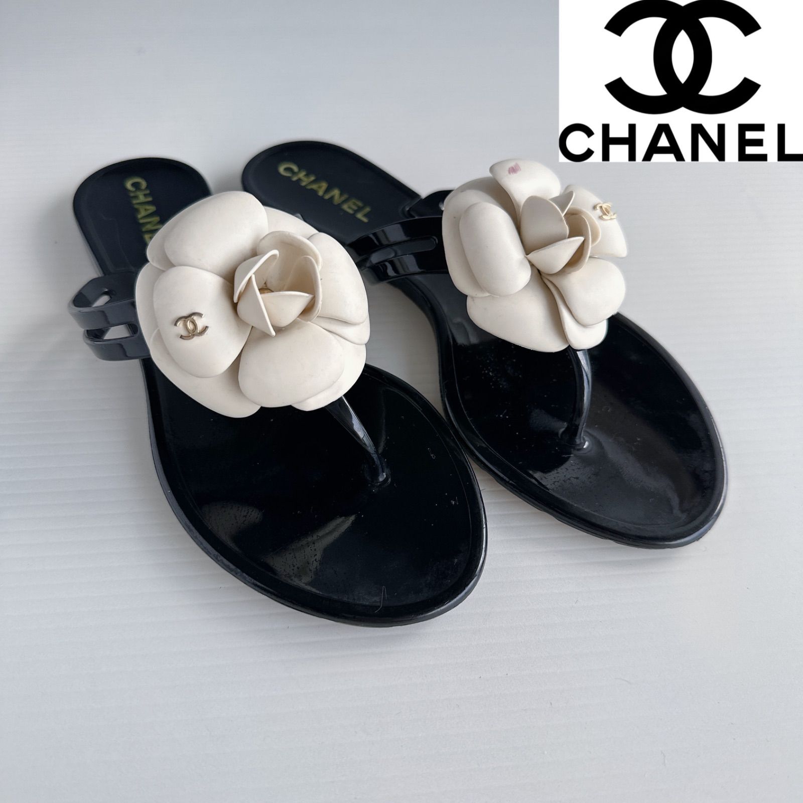 CHANEL シャネル ココマーク カメリア フラワー 花モチーフ フラワーシューズ トングサンダル ストラップ サンダル 35 黒 白 レーディス  正規品 - メルカリ