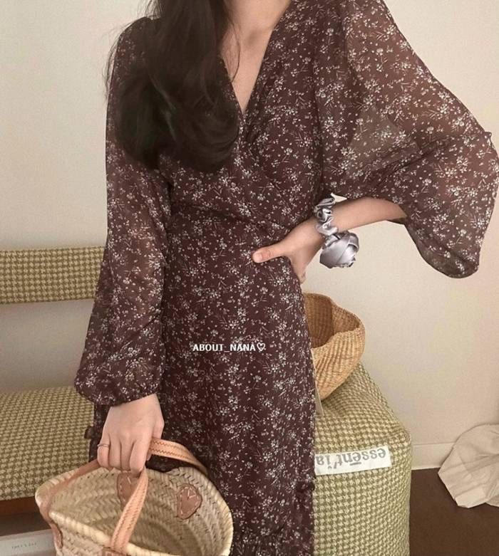 ワンピース 春 夏 レディース 花柄 長袖 Vネック ボリューム袖