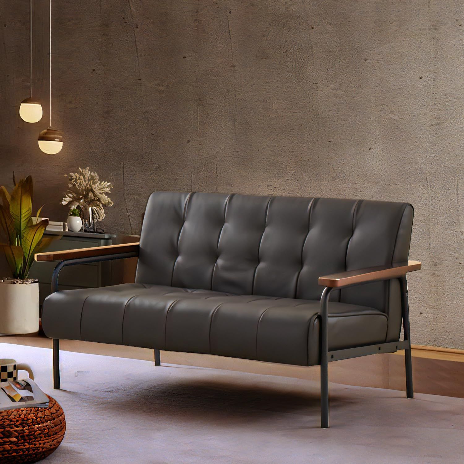 抽象的な デザイン レトロ 2人掛け ブラウン アンティーク調 合成皮革 アイアン脚 木肘ソファ AX-1718