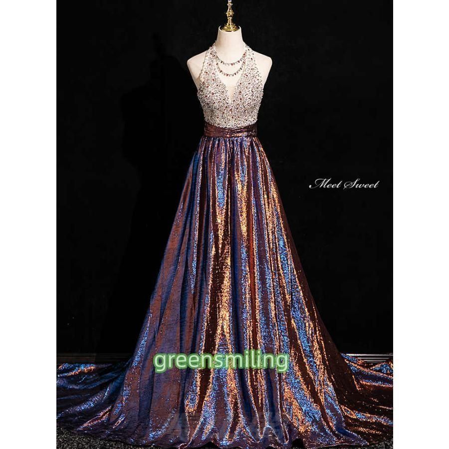 カラードレス ホルターネック ノースリーブ 光沢感 ネイビー ビーズ ウェディングドレス 二次会 前撮り 演奏会 発表会 ロングドレス 結婚式WP数量 価格926