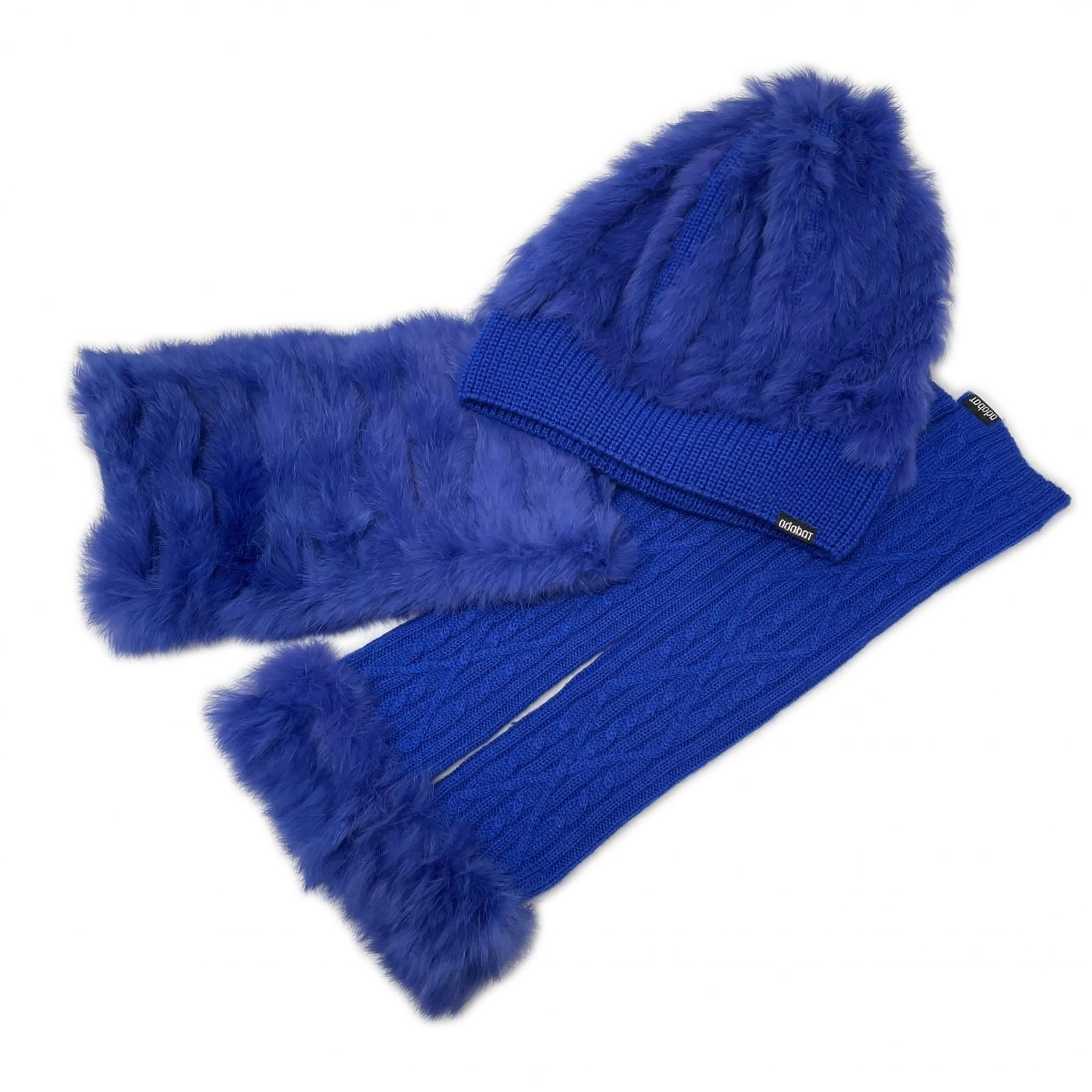 アダバット adabat ニット帽 ブルー 青 冬小物３点セット ニット帽＆アームウォーマー＆ネックウォーマー ラビットファー