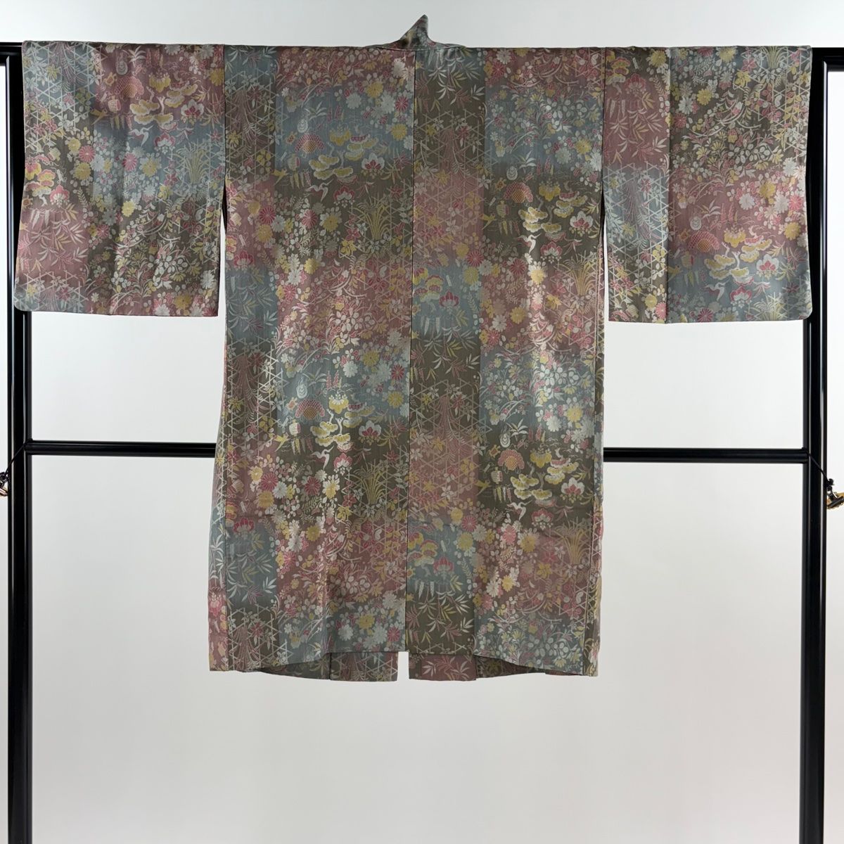 道中着 身丈103cm 裄丈64cm M 和装コート 花鳥 籠目 青灰色 正絹
