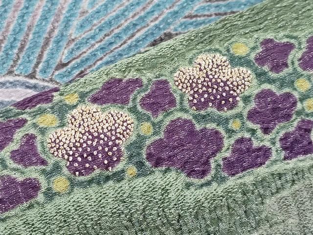 平和屋本店□極上 十日町 名門 滝泰謹製 太鼓柄袋帯 相良刺繍 おぼろ染  