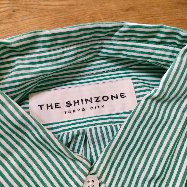 Shinzone STRIPE DADDY SHIRT コットン サイズRS ボタンダウン 長袖シャツ グリーン ホワイト レディース シンゾーン【中古】4-0813M△