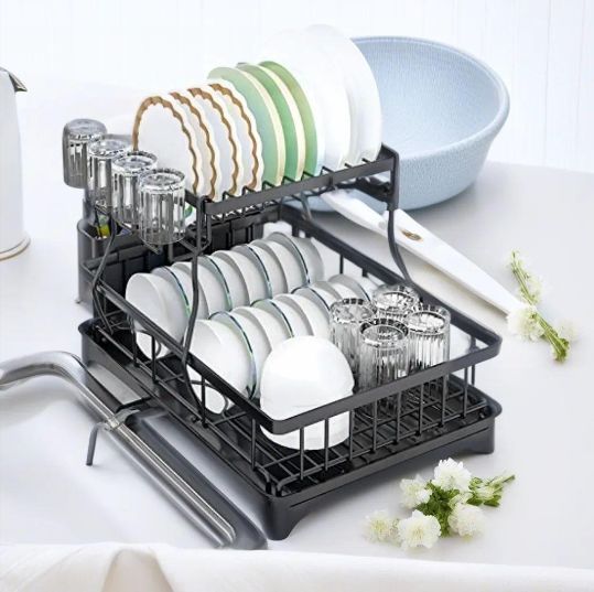 大容量2段式水切りラック - 自動排水、耐久性のあるスチール製 Amazon｜SONGMICS 水切りラック 2段 大きめ 食器水切りラック