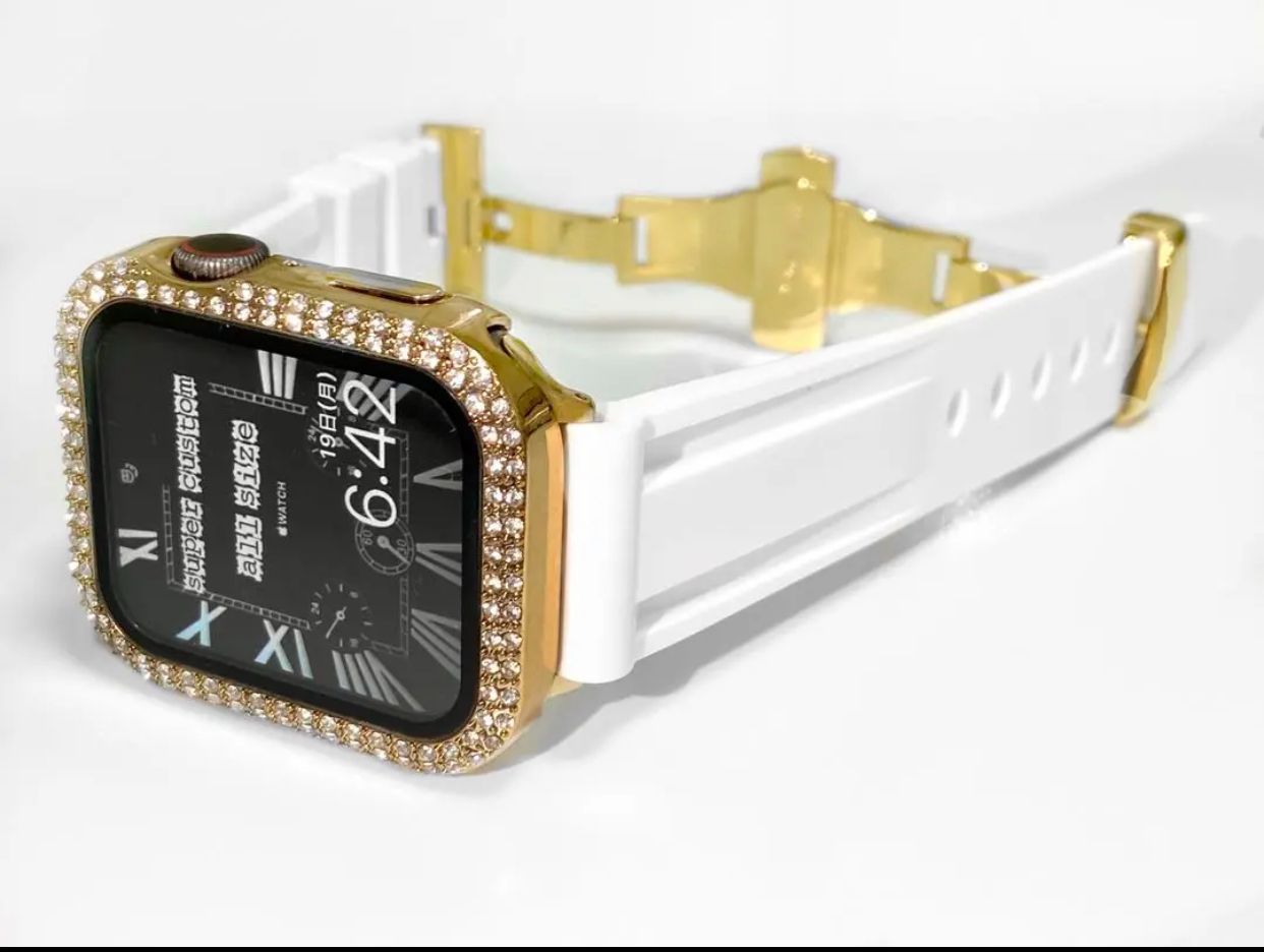 金×白アップルウォッチキラキラカバーケースAppleWatchラバーバンドベルト ラバー