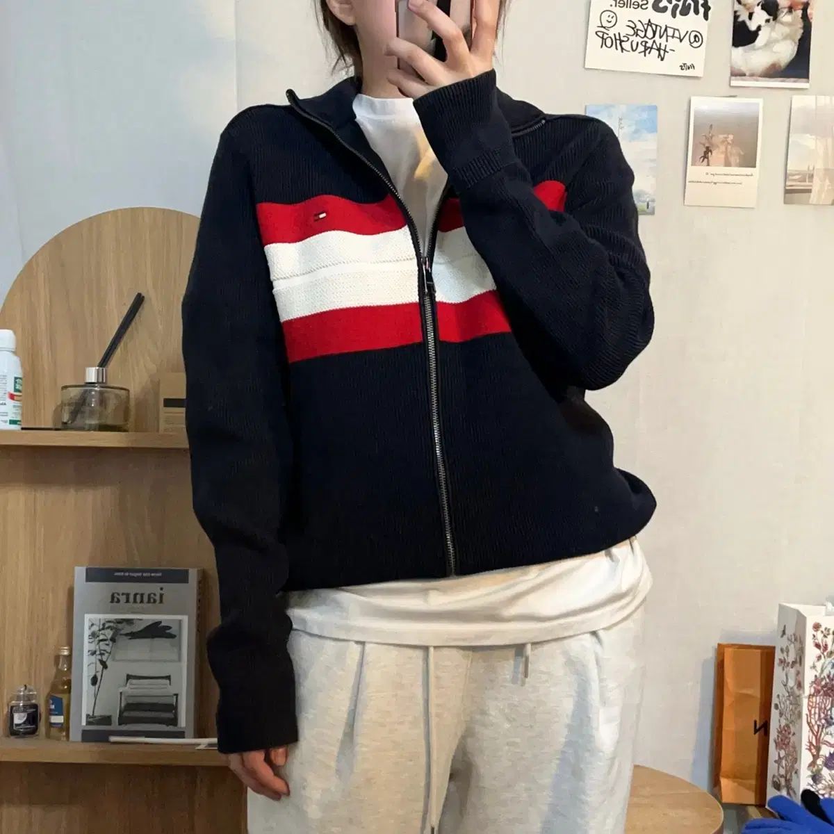 Tommy Hilfiger トミーヒルフィガー ネイビー サッシ ジップアップニット S