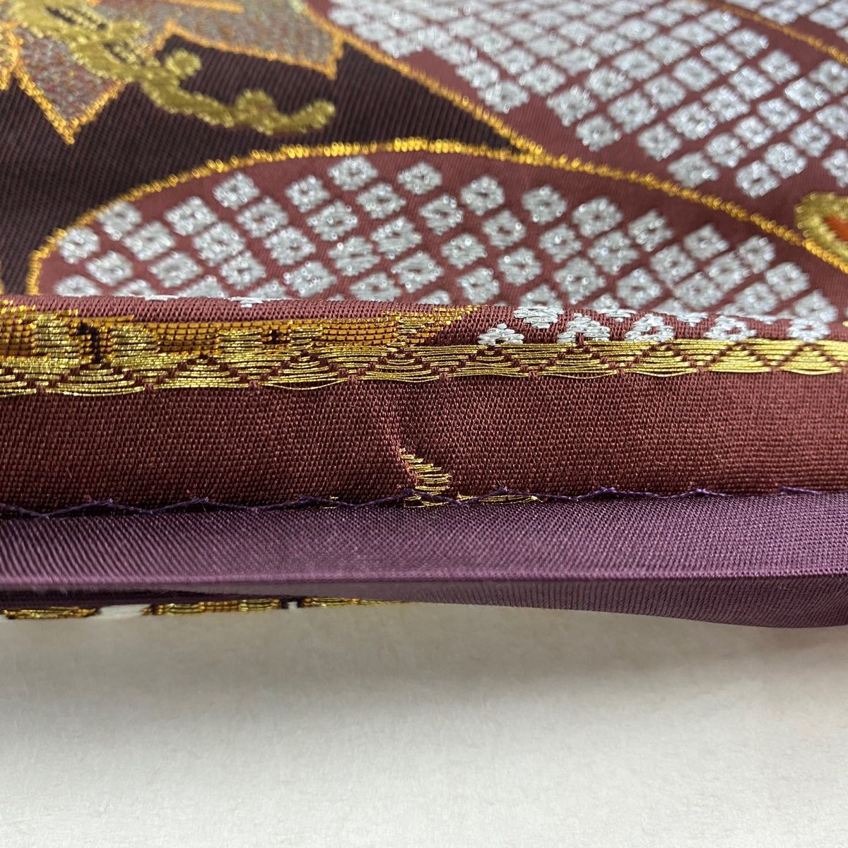 袋帯 美品 秀品 菊 波頭 金銀糸 箔 えんじ色 六通 正絹 【中古 袋帯 美品 秀品 菊 波頭 金銀糸 箔 えんじ色 六通 正絹 【中古