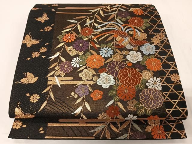 平和屋着物◎六通柄袋帯 唐織 鳳凰花文 黒地 金糸 正絹 逸品