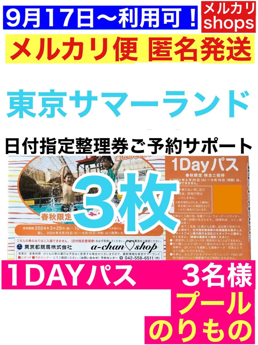 サマーランド 株主優待　1Dayパス  3枚 東京サマーランド 株主優待券 ３枚 １dayパス k