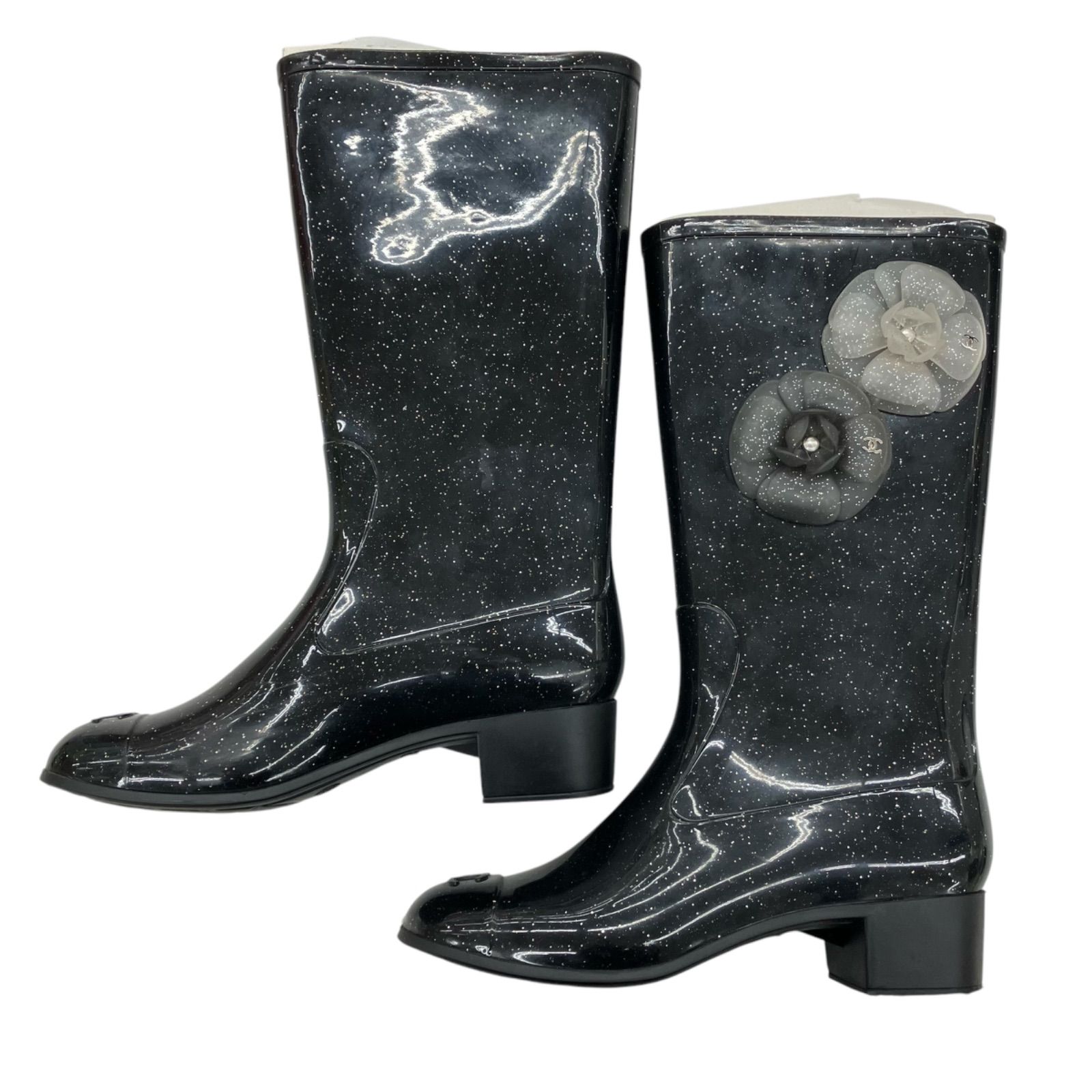 【即納！】186005　収納ケース付き☆　現状品　CHANEL シャネル　レインブーツ　レディース　36サイズ　ブラック　カメリア　ココマーク　ラメ入り 水に強い