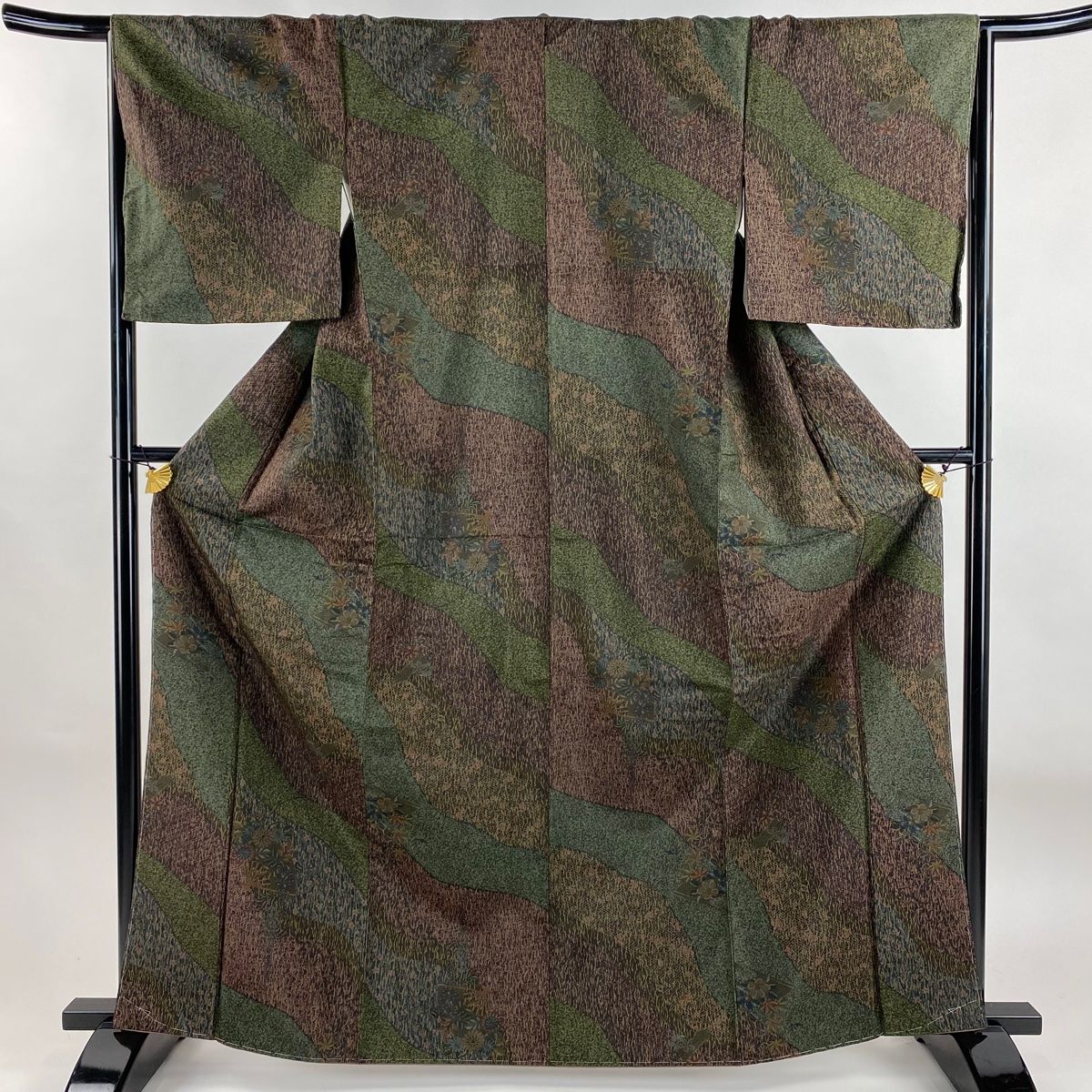 小紋 身丈165.5cm 裄丈66cm M 袷 紬地 草花 扇 赤紫 正絹 秀品