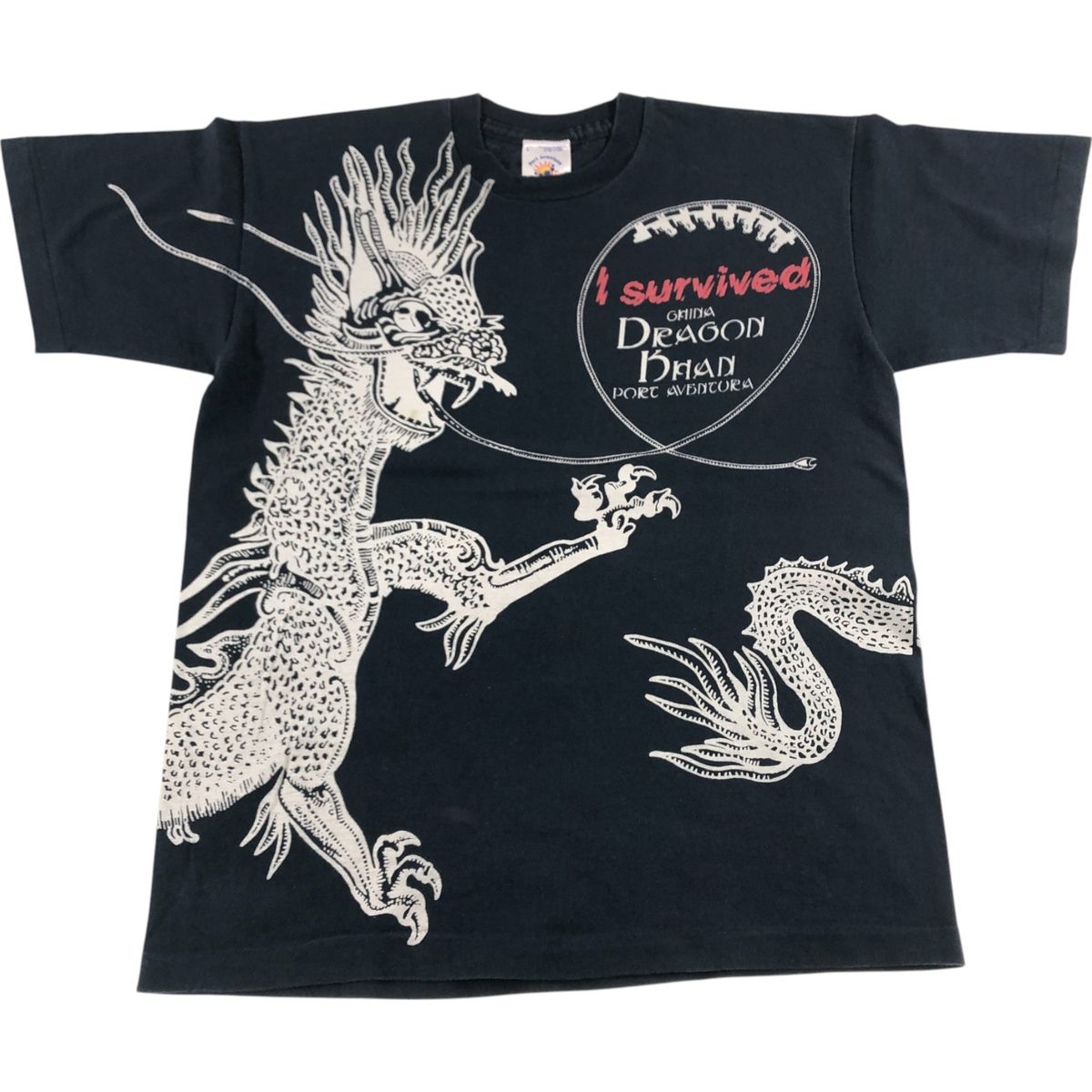 古着 90年代 PORT AVENTURA DRAGON KHAN 龍柄 ドラゴン柄 大判プリント プリントTシャツ メンズL相当 ヴィンテージ|eaa549157
