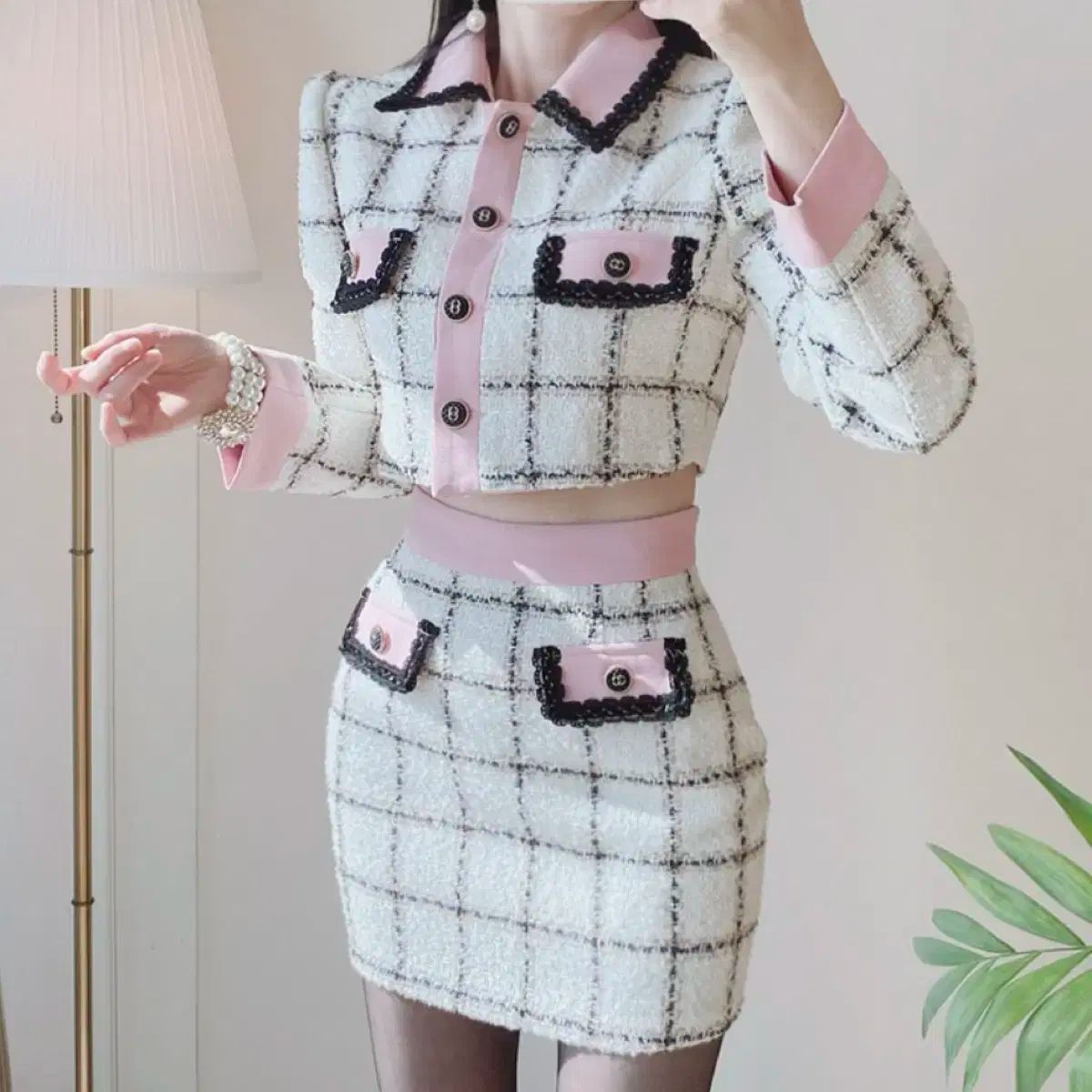 ツイード チェック クロップド ジャケット スカート セットアップ
