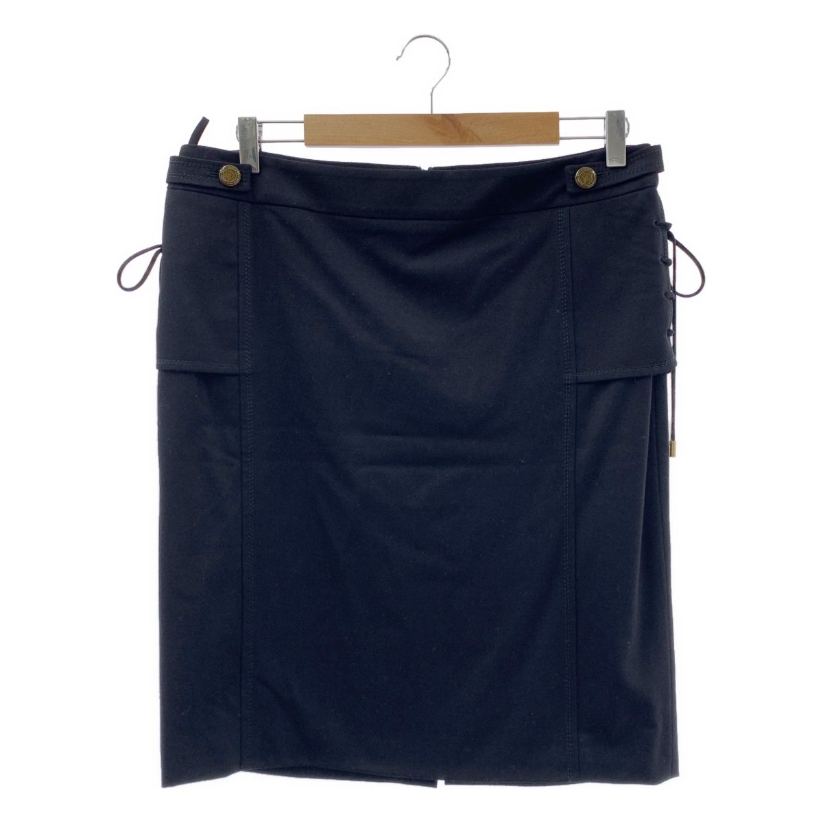 GUCCI | グッチ | ウール ロゴボタン レースアップ バックジップ スリット スカート | 総裏地 | 46 | ブラック | レディース