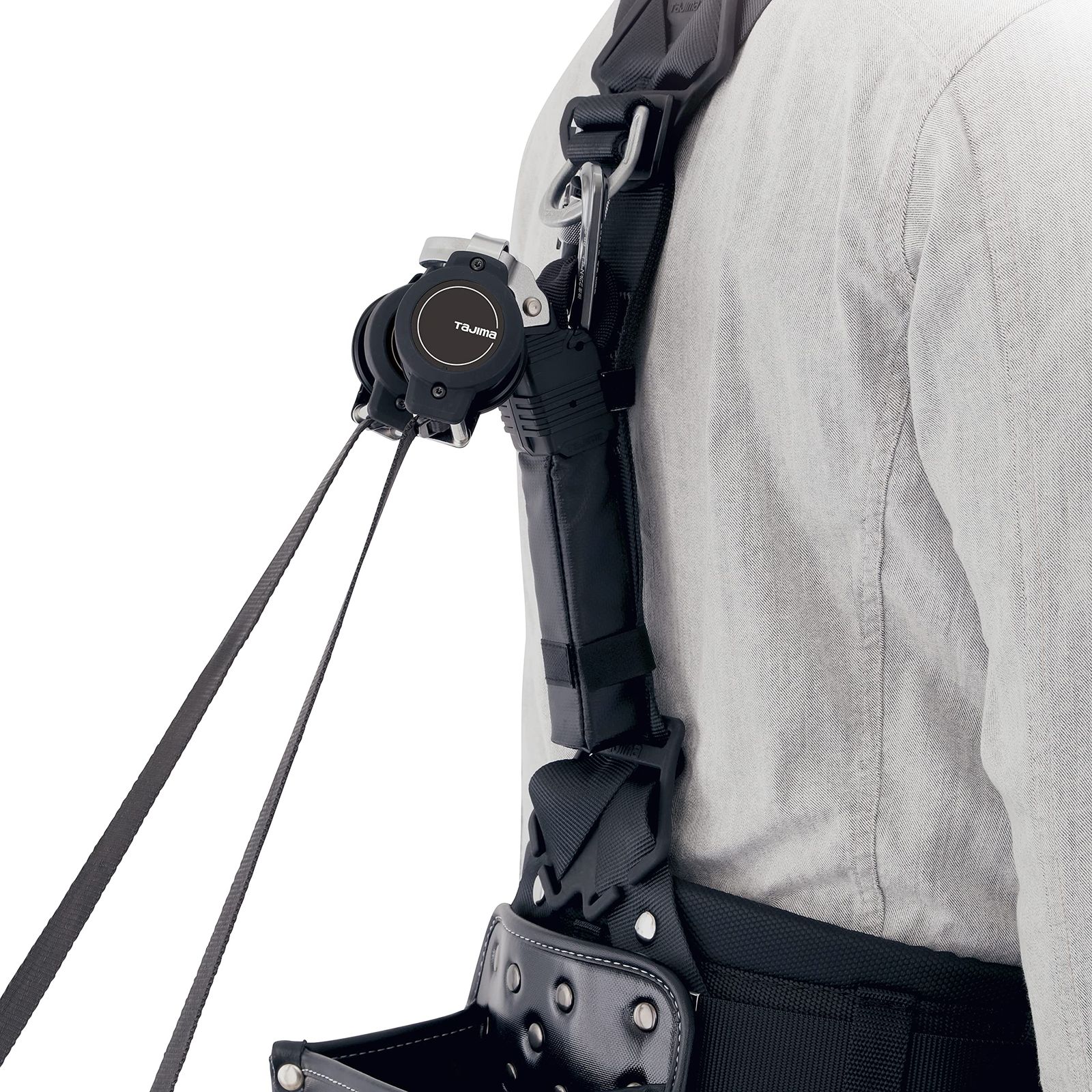タジマ 新規 全帯 フルハーネス用ダブルランヤード 常時巻取の超小型軽量リール より戻し付き超軽量アルミ鍛造フックL8 腰道具にランヤードが干渉しない上分岐 オートストップへ切替 ランヤードを好みの長さに固定できるアジャストストッパー A1KR15