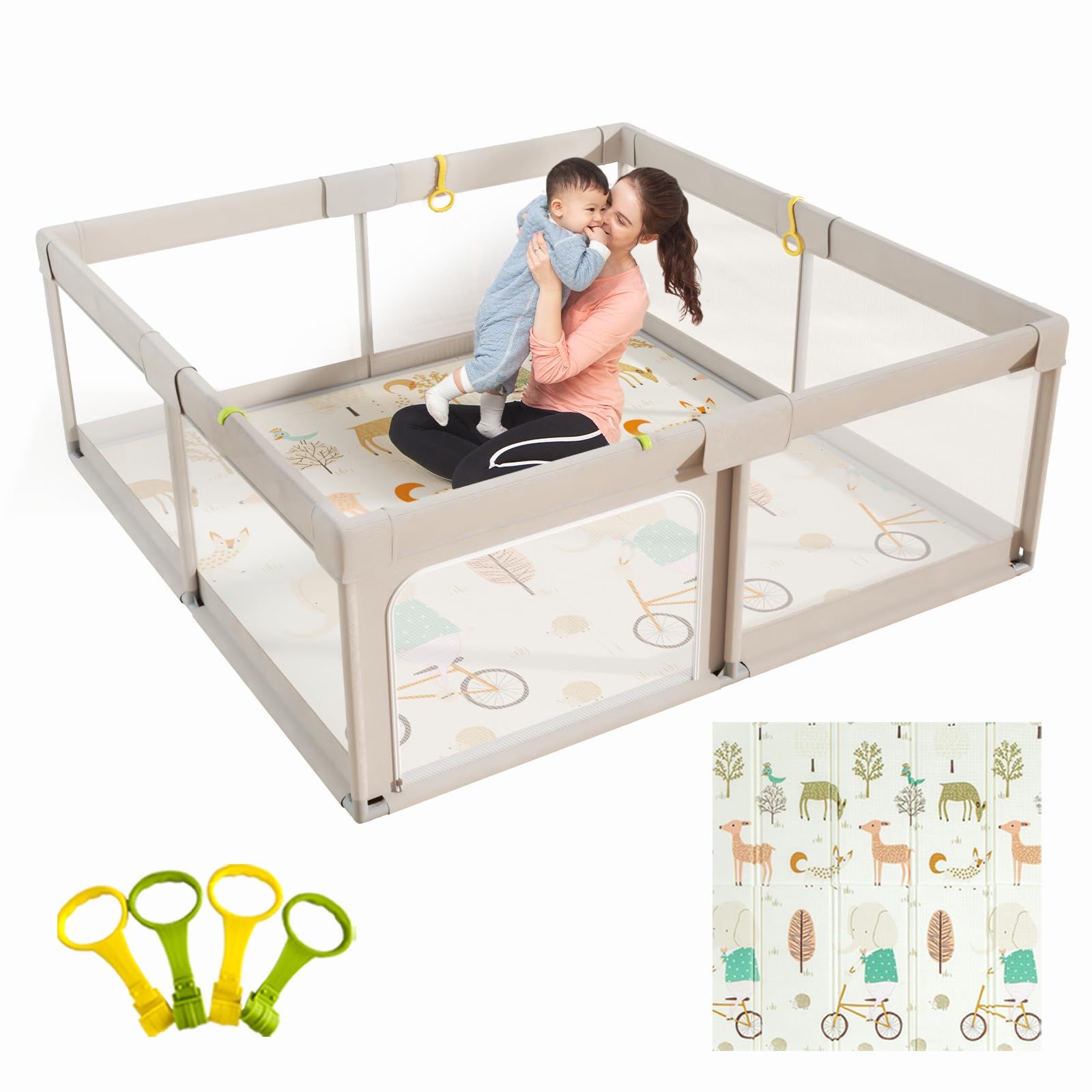 Mloongベビーサークル プレイマット付き 大きめ 赤ちゃん ベビーマット ベビーフェンス 150x150x65cm ベビー プレイヤード サークル 扉付き 日本育児 子供遊び用