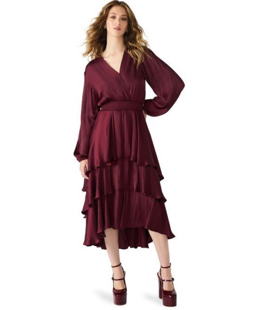 送料無料 スティーブ マデン レディース ワンピース トップス Women s Bei Smocked-Waist Tiered High-Low Dress Dark Red