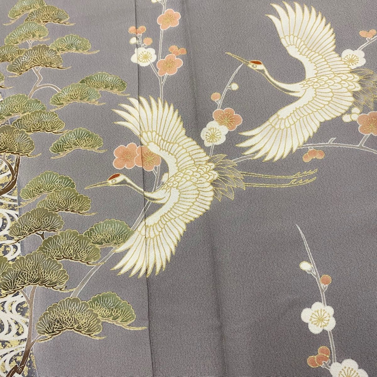 長襦袢 袷 正絹 刺繍半衿付き 金銀彩 群鶴 身長156cm前後 A-2145 色留袖 身丈156cm 裄丈63cm S 袷 鶴 松梅 金彩 ぼかし 灰紫 正絹
