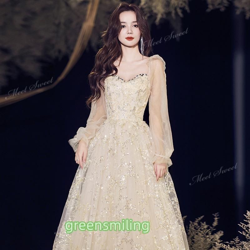 【値下げ】ウエディング　カラードレス　シャンパンゴールド　オフショルダー カラードレス ピンクゴールド オフショルダー 花柄 ウェディング