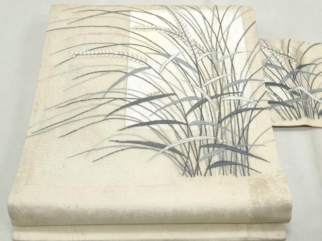 平和屋着物＊夏物　九寸名古屋帯　刺繍　稲穂　金銀糸　正絹　逸品　CAAW6625th 平和屋着物＊夏物 九寸名古屋帯 刺繍 稲穂 金銀糸 正絹 逸品