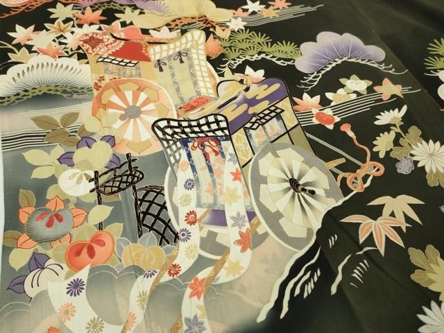 平和屋本店□極上 アンティーク 大正ロマン 振袖 刺繍 御所車吉祥花  