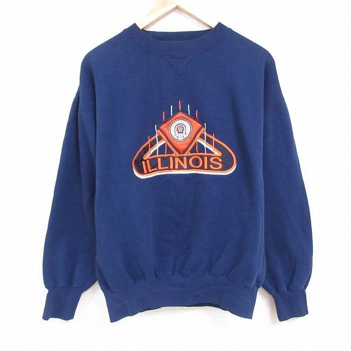 XL/古着 長袖 スウェット メンズ 90s イリノイズ 刺繍 クルーネック 紺 ネイビー 23nov03 中古 スエット トレーナー トップス