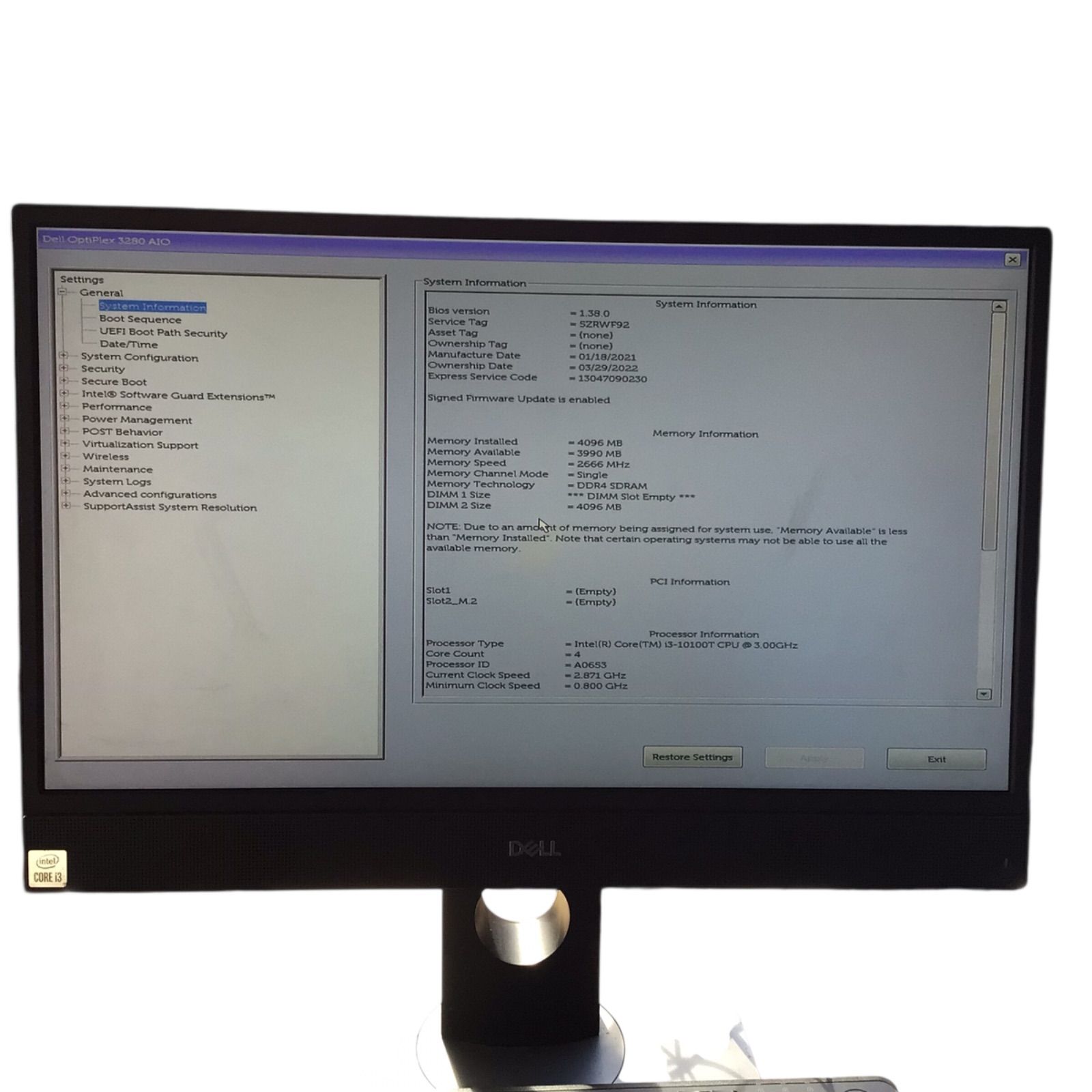 DELL OptiPlex 3280 AIO CPU CORE i3-10100T メモリ4096MB ストレージ無し番号E14