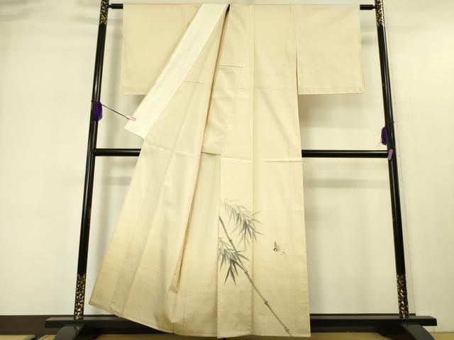 平和屋本店■極上　伝統工芸士　曽根武勇　訪問着　紬地　単衣　笹竹に雀　手描き　暈し染め　金通し地　逸品　未使用　DZAA5553kh5 平和屋本店□極上 伝統工芸士 曽根武勇 訪問着 紬地 単衣 笹竹に雀