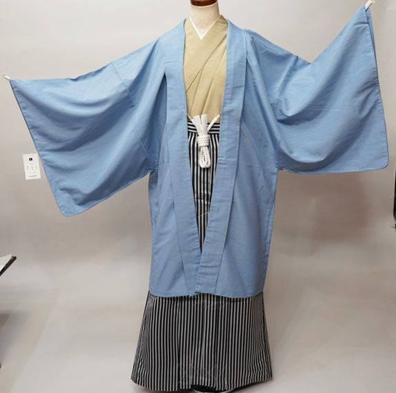 羽織 袴セット 男性用 Lサイズ 適合身長171-180cm 半襦袢 角帯 羽織紐付き 紋入れ可 縞袴 グレー系×ベージュ系 NO34619