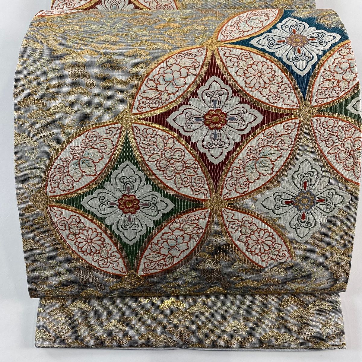 袋帯 秀品 七宝 花唐草 箔 唐織 灰色 六通 正絹
