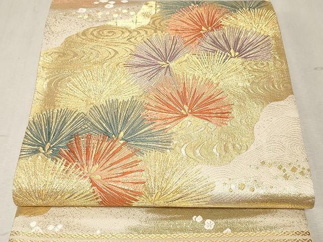 平和屋着物▽六通柄袋帯 唐織 流水枝梅文 金糸 正絹 逸品