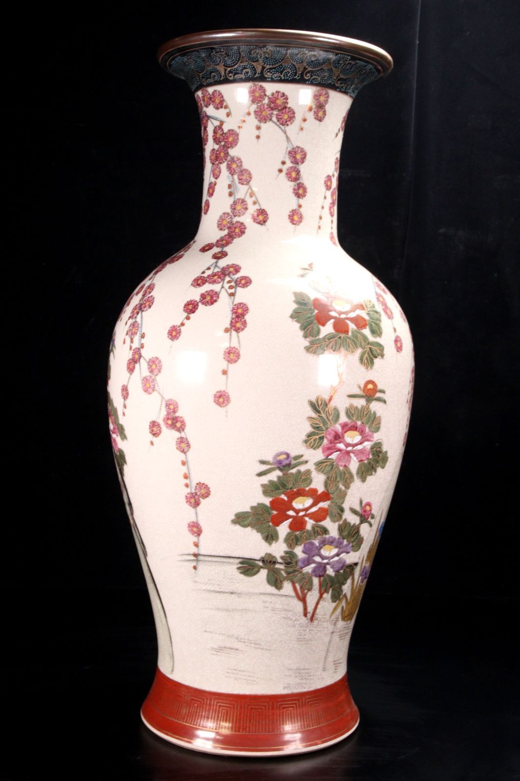 薩摩焼 水仙作 色絵金彩花鳥図大花瓶 65cm 唐物 骨董 古美術 楾
