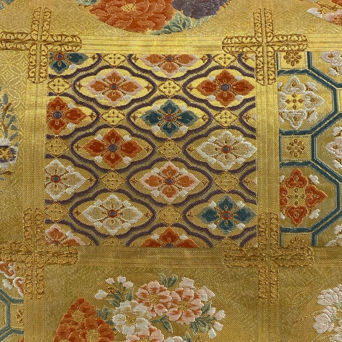 312y32◆花丸文 袋帯 六通 金糸 梅 鉄仙花 菊◆美品 成人式 結婚式 袋帯 美品 秀品 扇面 花丸文 金糸 箔 青緑 六通 正絹 【中古