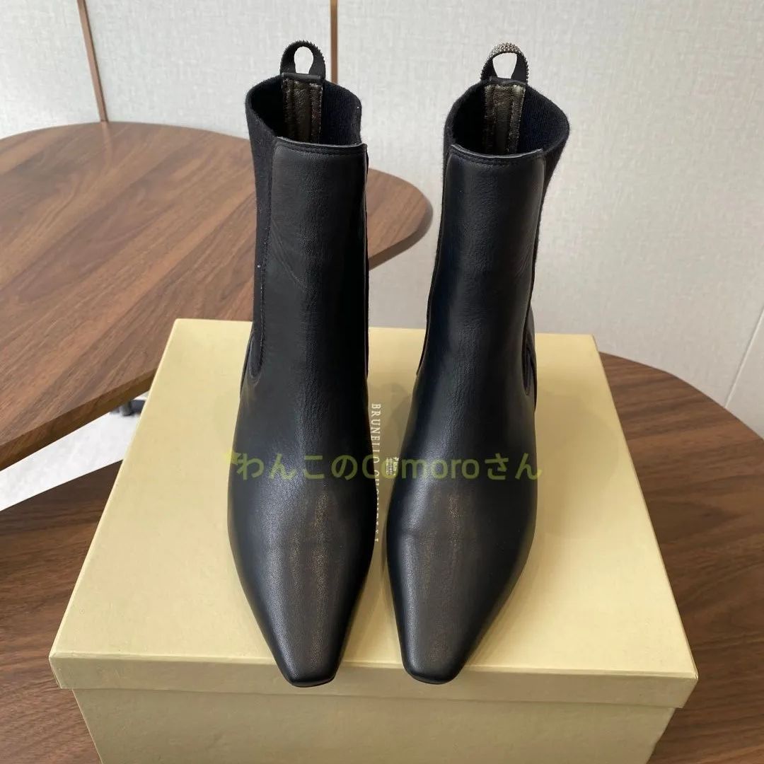 ブラック23.0~24.5cm 送料無料 ブルネロクチネリ レディース ポインテッドトゥ ショートブーツ レザー スタイリッシュ 秋冬コレクション